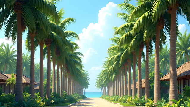Palm Trees Lined Up Symmetrically in Tropical Garden for Travel Brochures and Tourism Websites