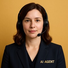 Professional female AI agent with headset and confident expression standing against solid background, representing modern customer support, artificial intelligence, and communication


