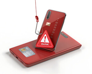 A phishing hook over a bank warning sign on a red phone and credit card on a white background