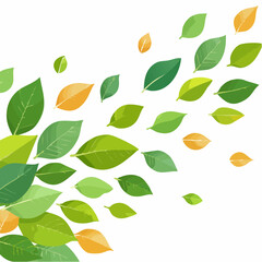 Colorful leaves in various shades of green and orange, scattered in a flowing pattern against a white background.