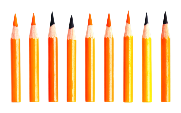 Artistic orange pencil arrangement studio bright top-down creativity isolated on transparent background