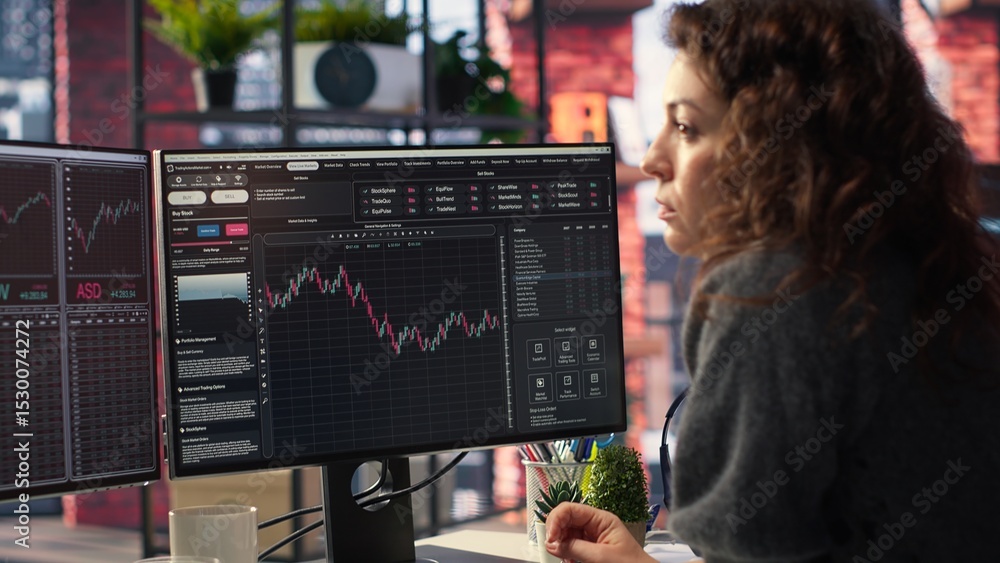 Poster stock market investor monitors digital charts and candlestick patterns on financial interface. pc di