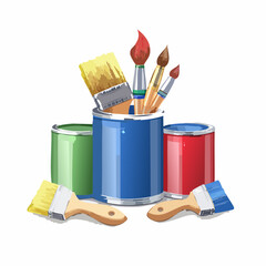 Colorful paint cans and paintbrushes arranged in a decorative display.