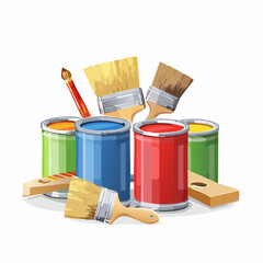Colorful paint cans and paintbrushes arranged together, ready for a painting project.
