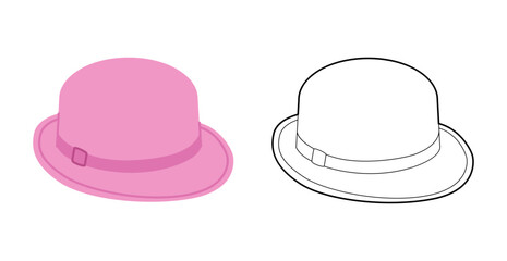 Bowler Hat with band. Head Fashion accessory cap with narrow brim clothing technical illustration. Vector headgear for Men, women, unisex style, flat template CAD mockup sketch outline isolated