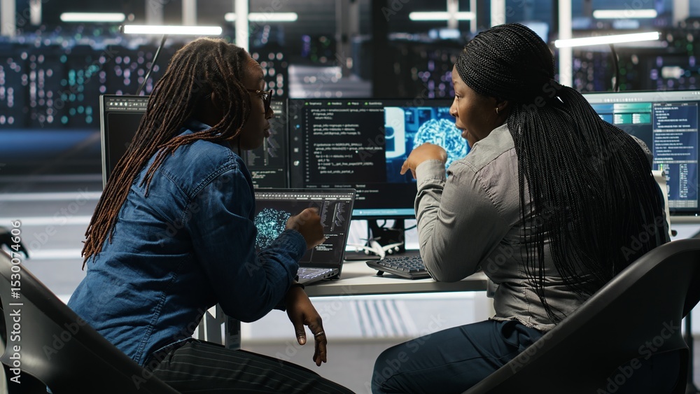 Poster data center coworkers doing brainstorming, using artificial intelligence machine learning models to 