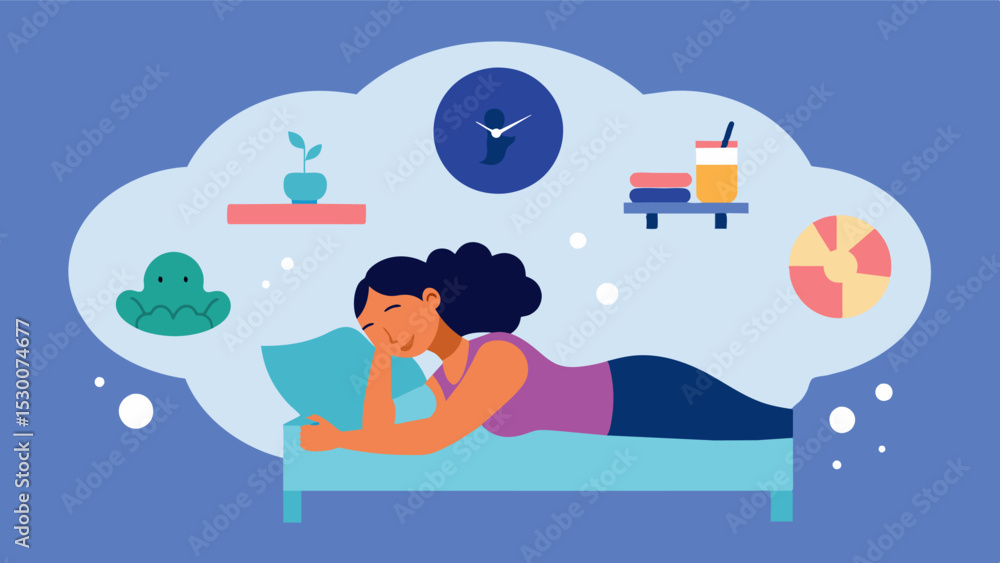 Poster a woman sleeping in bed with a dream bubble above her filled with images of physical activity emphas