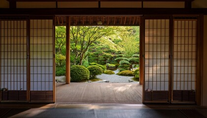 tranquil japanese garden view through sliding doors
