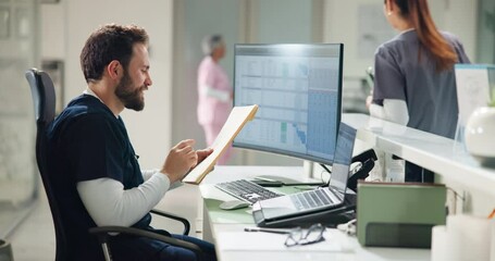 Nurse, computer and screen with folder in hospital for patient database, digital medical records and typing. Man, electronic details or info for healthcare, admin or file for update on health archive - Powered by Adobe