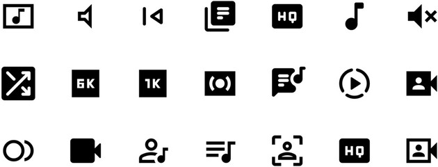 High-resolution black vector icons for video player on white background, detailed digital art design