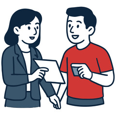 Friendly Businesswoman and Casual Man Discussing Documents & Smartphone