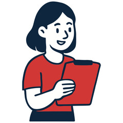 Smiling Woman Reviewing Clipboard, Simple Line Art Illustration