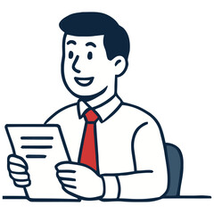 Smiling Businessman Reviewing Document, Simple Line Art Illustration