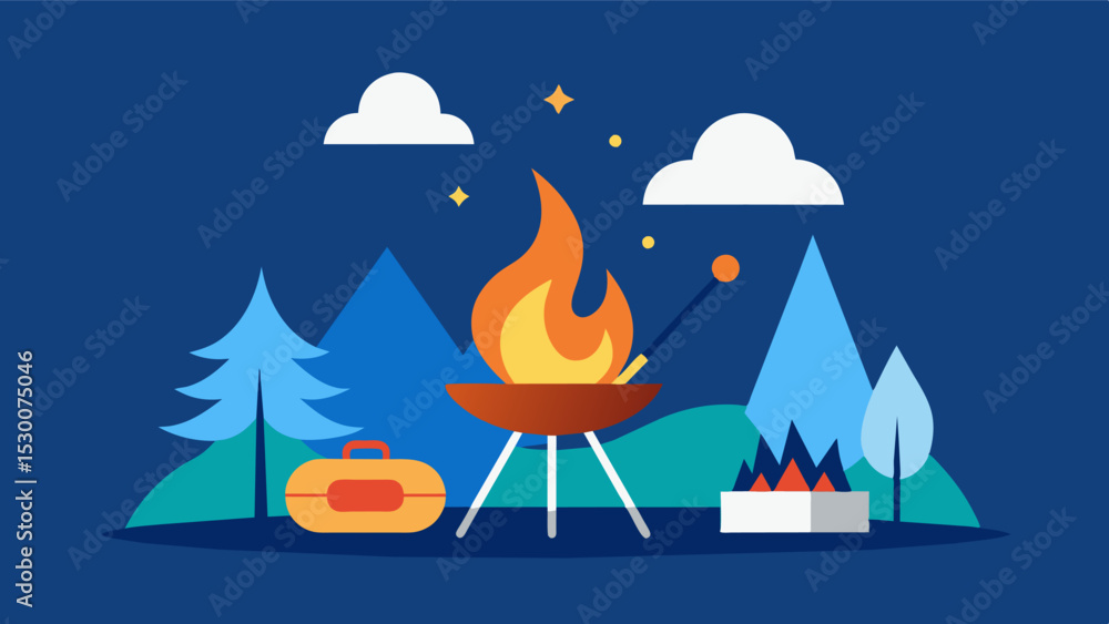 Poster barbecuing and cooking over an open fire while camping stimulates the senses and can be a creative a