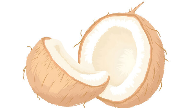 Hand-Drawn Illustration Of A Halved Coconut Showing Its Textured Shell And Creamy Interior