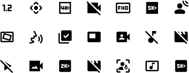 Black and white video editing software icon set with 6 vector symbols, 50x38mm rounded squares, 2x4 aspect ratio, two-color design on solid background.