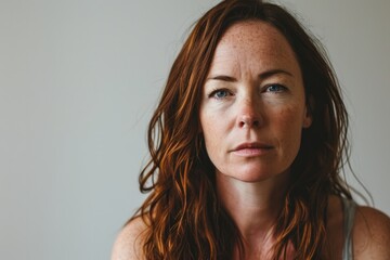 Portrait of a beautiful woman with freckles on her face