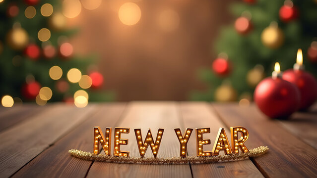 New Year festive empty wooden table blurred background Christmas banner