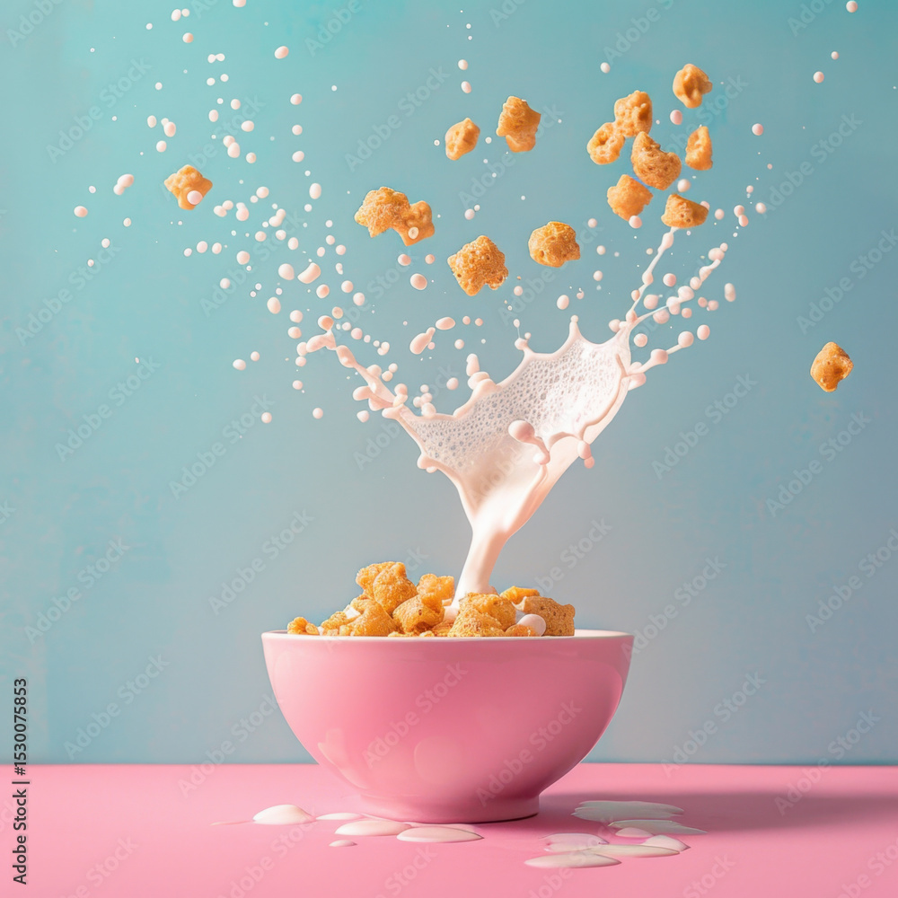 Poster bowl of cereal with milk splashing dramatically, creating playful scene. vibrant colors and dynamic 