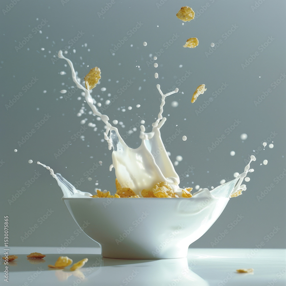 Poster bowl of cereal with milk splashing dramatically, creating exciting visual effect. scene captures fre