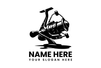 Detailed black silhouette of a modern spinning fishing reel, showcasing its intricate mechanical design. Fishing concept