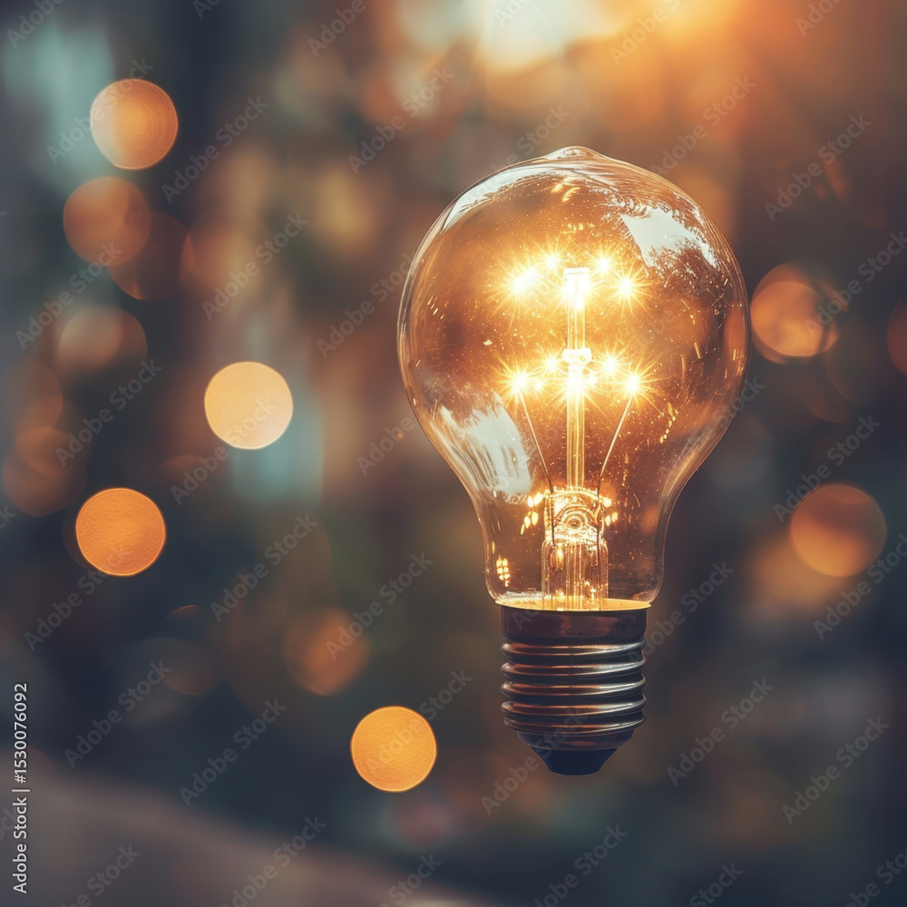 Poster glowing light bulb with visible filament illuminates surroundings, creating warm and inviting atmosp