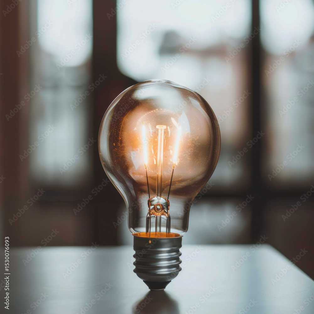 Poster clear light bulb with visible filament glowing softly, illuminating surrounding space with warm ambi