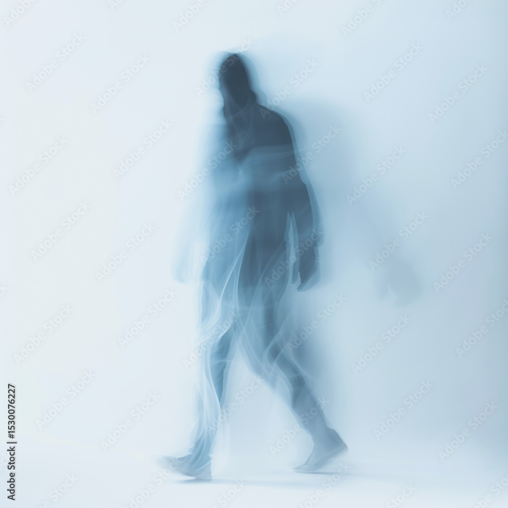 Poster closeup of ghostly figure with glowing aura, creating ethereal and mysterious atmosphere. blurred mo