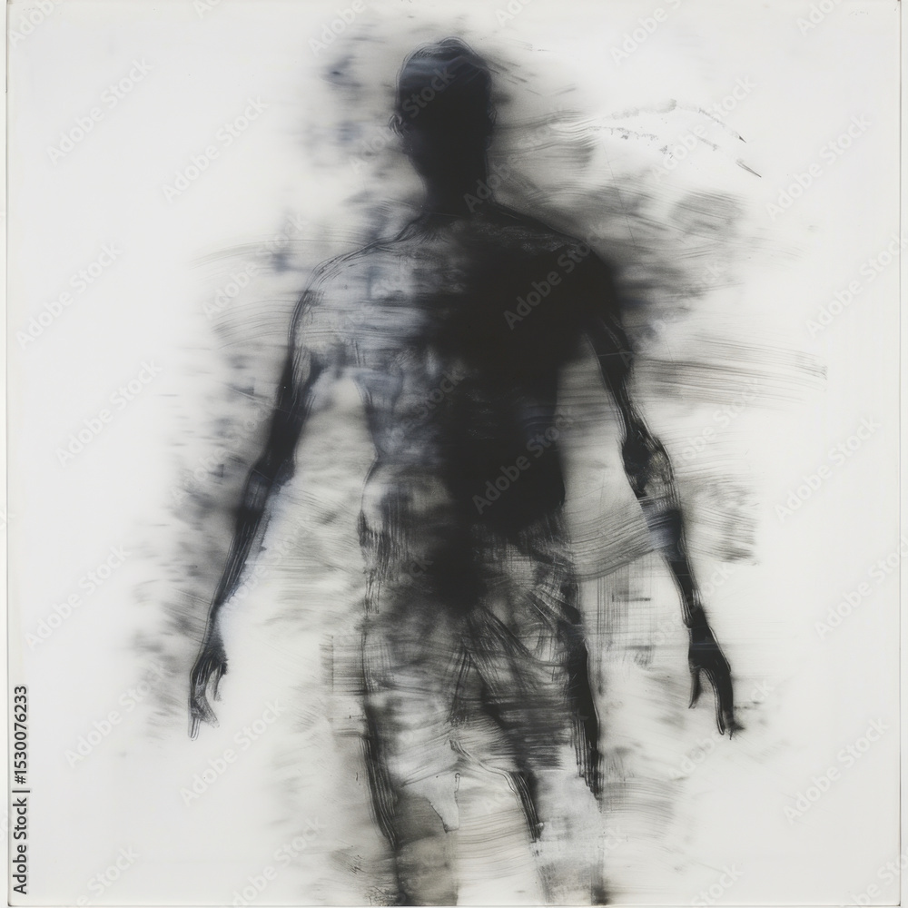 Poster closeup of ghostly figure with faint transparent appearance, evoking sense of mystery and intrigue. 