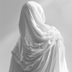 Closeup of ghostly figure draped in flowing white fabric, creating ethereal and mysterious atmosphere. soft textures and light play enhance spectral quality of scene