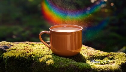 Obraz premium warm sunlight chai tea mug on mossy stone with rainbow splash