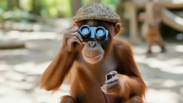 Orangutan Explorer: A Charming primate with binoculars and straw hat