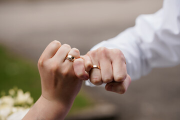 Romantic Wedding Rings Exchange: Close-up of Hands with Gold Bands Symbolizing Love, Commitment, and Marriage During Outdoor Celebration.