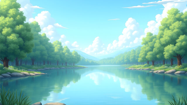 Serene lakeside view with lush green trees and fluffy clouds under a clear sky
