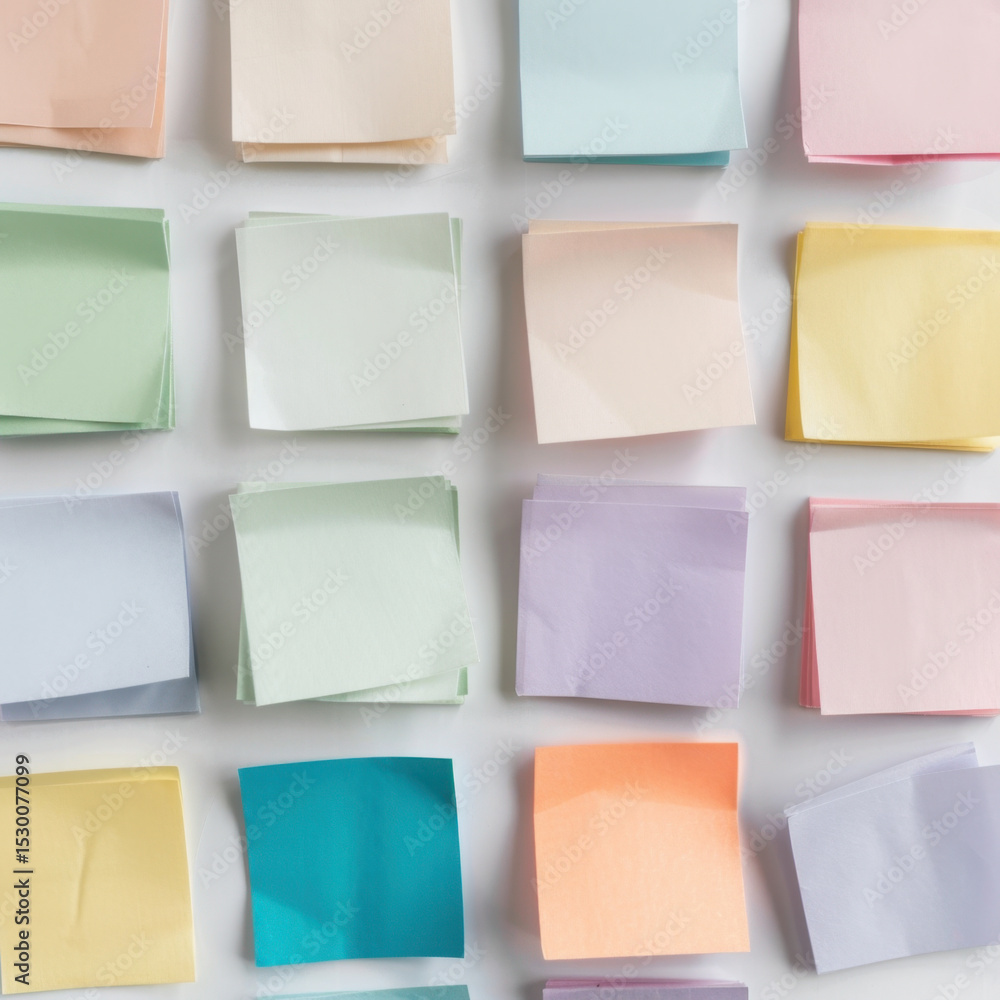 Poster colorful collection of office sticky notes arranged grid pattern, showcasing various pastel shades. 
