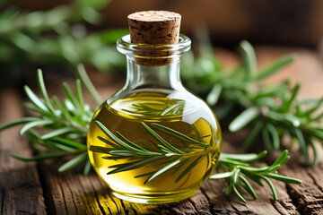 Rosemary-infused oil in a glass bottle with fresh herbs.