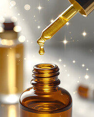 Golden essential oil dropper over amber bottle.