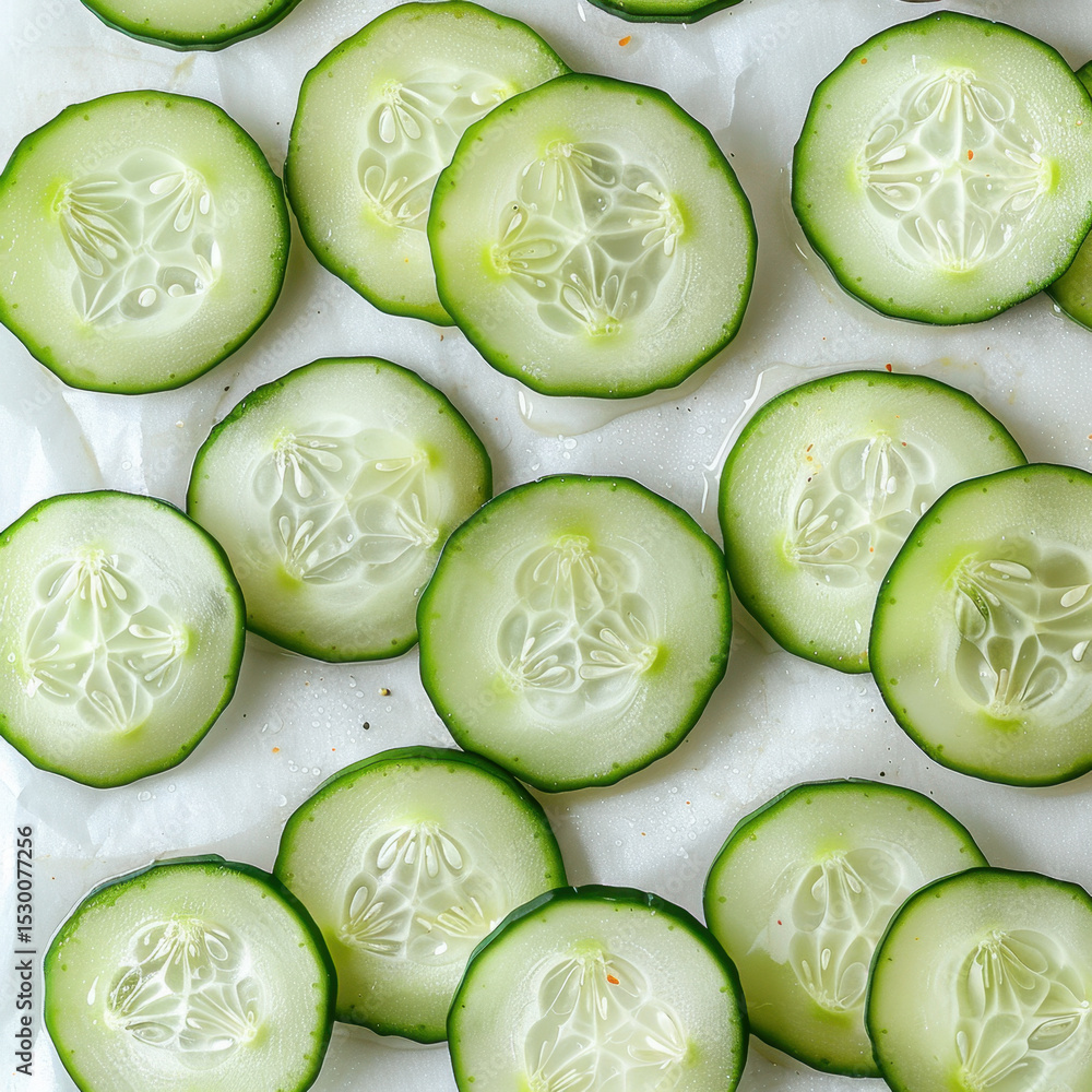 Poster fresh cucumber slices arranged neatly on white surface create refreshing and vibrant display, perfec