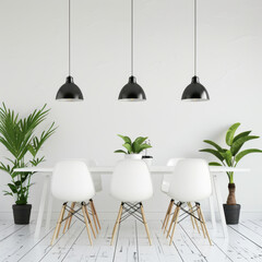 Minimalist dining room featuring sleek table and modern chairs, complemented by stylish pendant lights and lush greenery, creating serene and inviting atmosphere