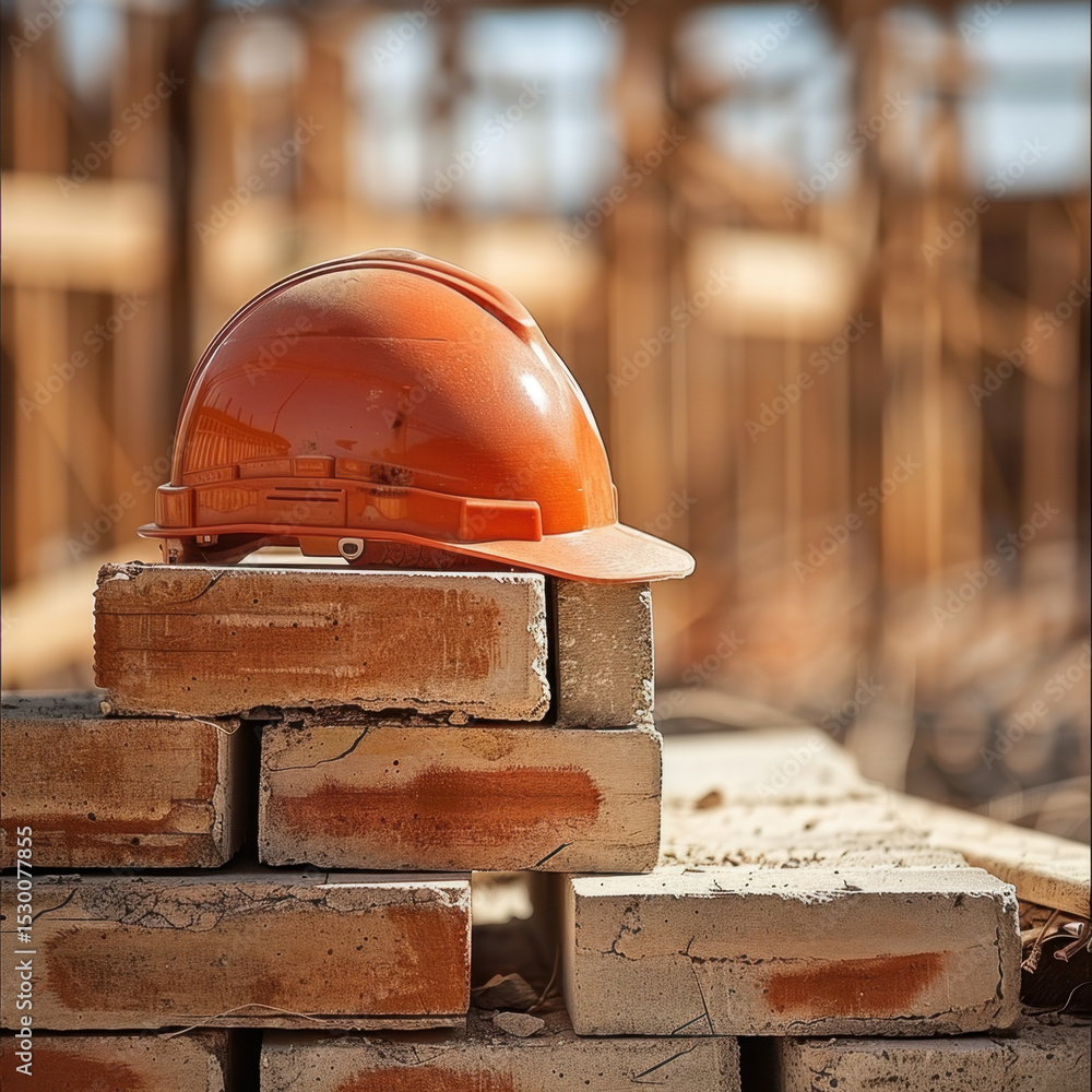 Poster construction helmet rests on stack of bricks at building site, symbolizing safety and progress in co