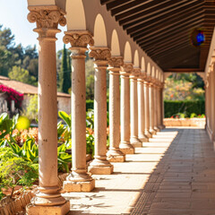 Fototapeta premium Row of classical pillars supports porch, creating serene atmosphere with sunlight casting shadows on stone pathway. Lush greenery and vibrant flowers enhance tranquil setting