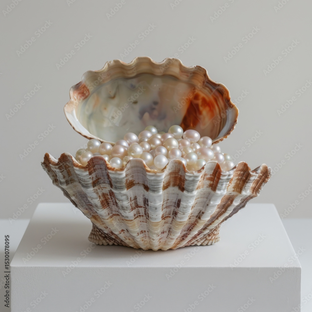 Poster beautiful clam shell with variety of pearls inside, showcasing intricate patterns and colors. shell 