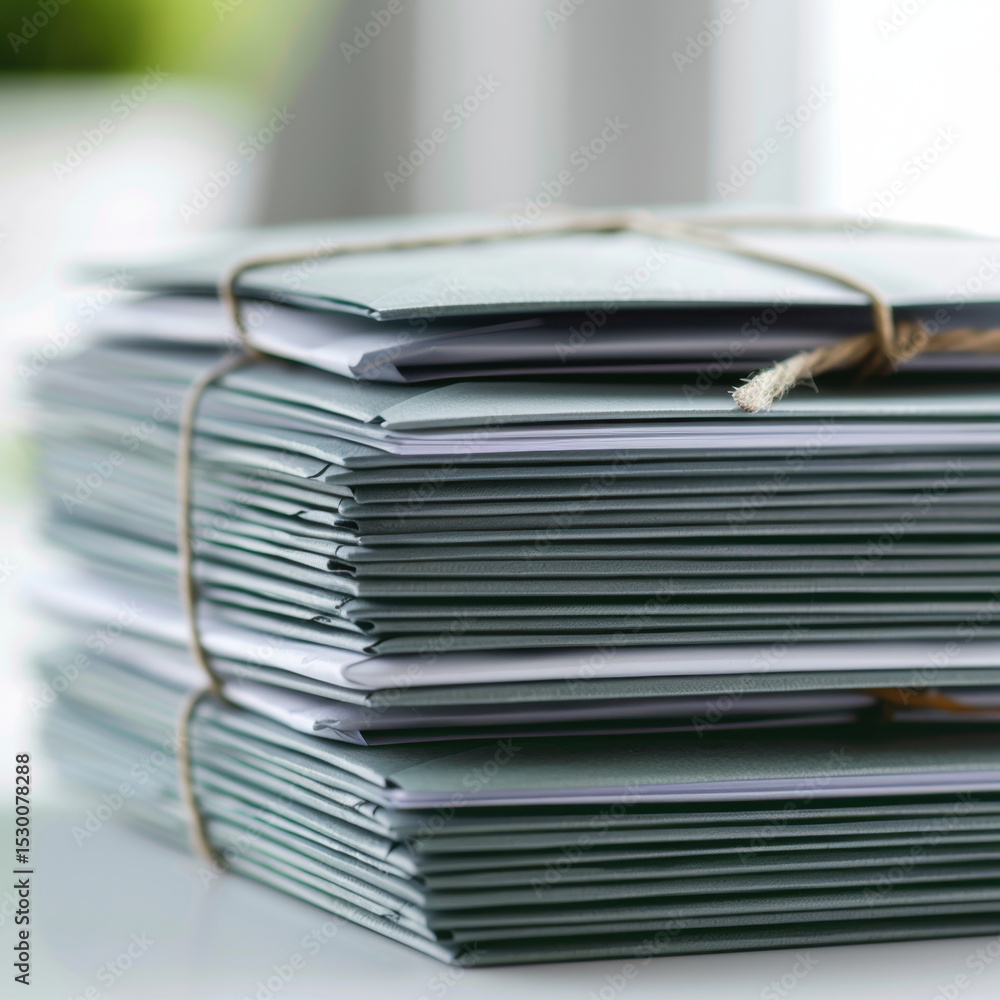 Poster stack of neatly tied envelopes on white surface creates serene and organized atmosphere, perfect for
