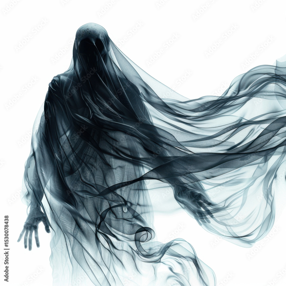 Poster translucent ghostly figure in flowing robe appears ethereal and haunting, surrounded by wisps of dar