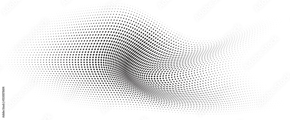 Poster Flowing Wave Dot Halftone Pattern: Curve Gradient Shape on Transparent Background. Suitable for AI, Tech, Network, Digital, Science, and Technology Themes.