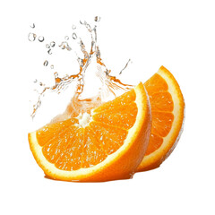Two juicy orange slices splashing water refreshing citrus fruit