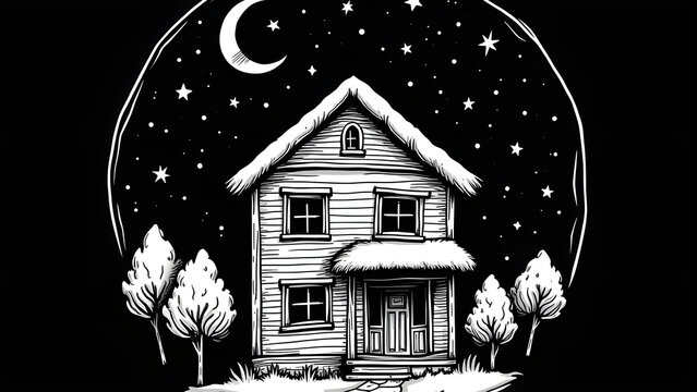 Symbolic Black and White Circular Key House with Night Sky, Trees, and Swirls, Representing Home Ownership and Dreams.