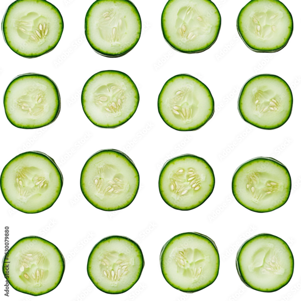 Poster sliced cucumbers arranged in a grid pattern on a vibrant multicolored background