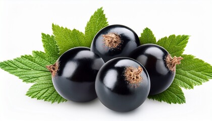 black currants with leaves isolated on white background with clipping path