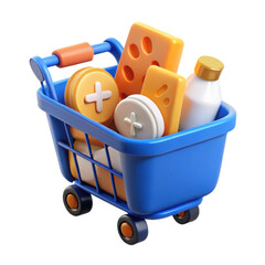 3d shopping cart with medicine and pills isolated on white background